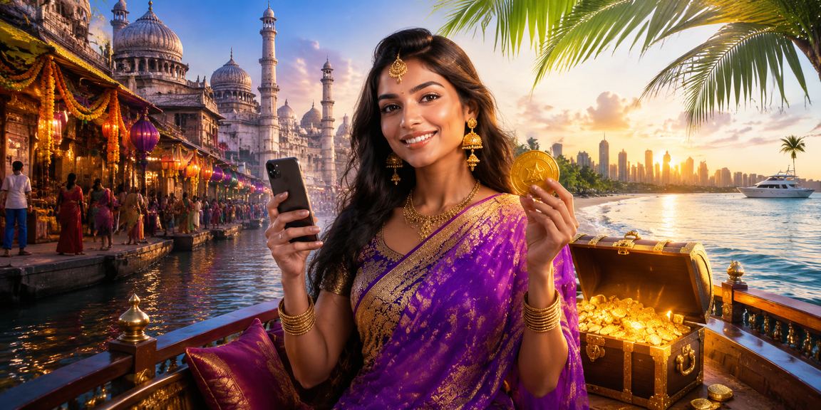 Relaxed user browsing mobile betting site at a beach in India