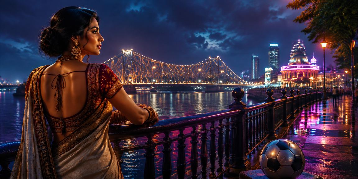 Nighttime neon-lit Kolkata with football betting themes